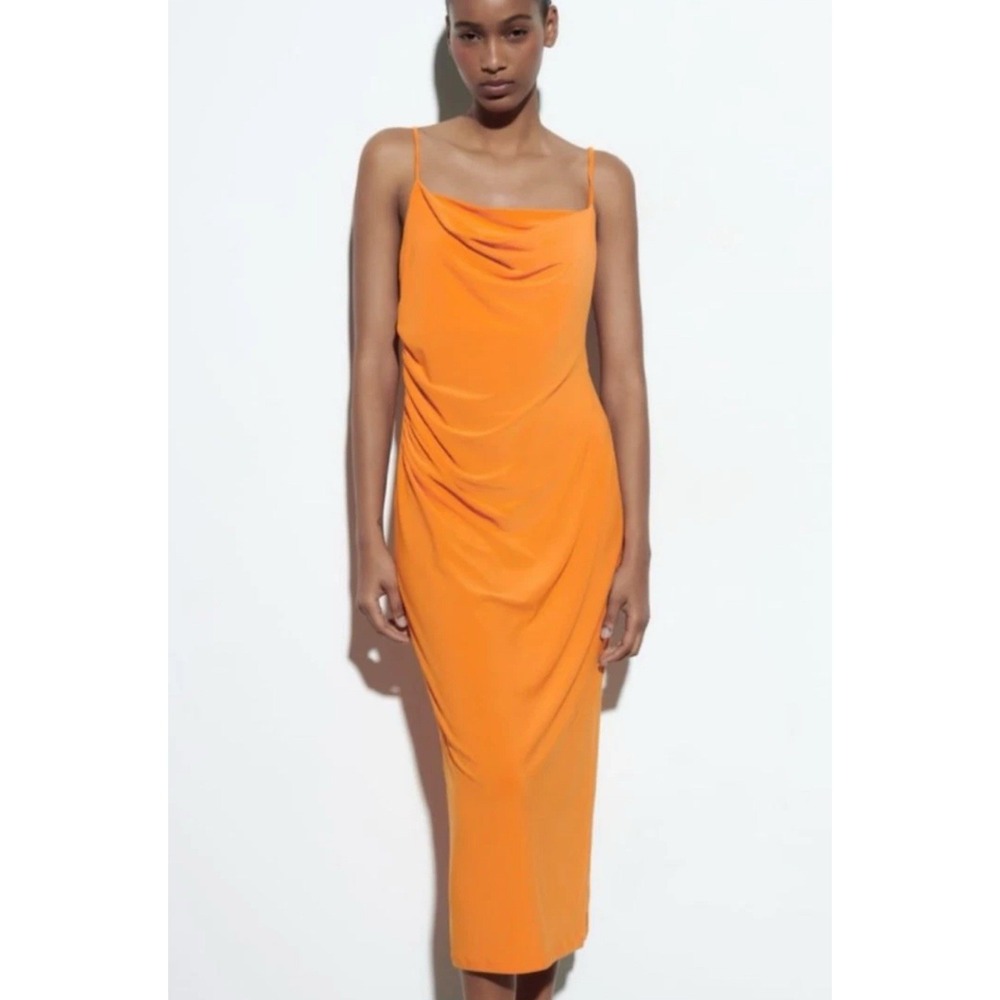 Zara Women's Orange Cowl Neck Rouching‎ Strappy Bodycon Midi Dress Size Small